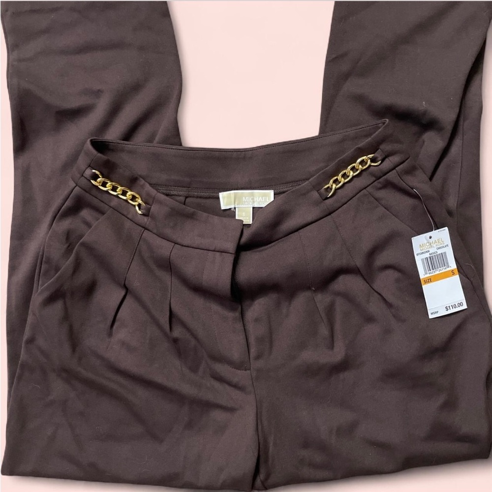 Michael Kors Women's Brown Pants with Gold Chain Detail